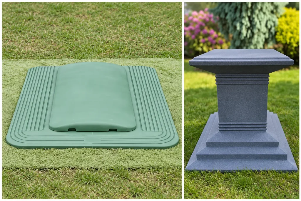BurialPlatformUrnPedestalCollage SG Burial Platform and SG Urn Pedestal manufactured by Granger Plastics.